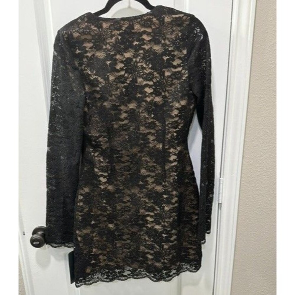 NWT Lulus Black Lace Sequin Bodycon Mini Dress Nude Lined Long Sleeve Plunge - Picture 2 of 12